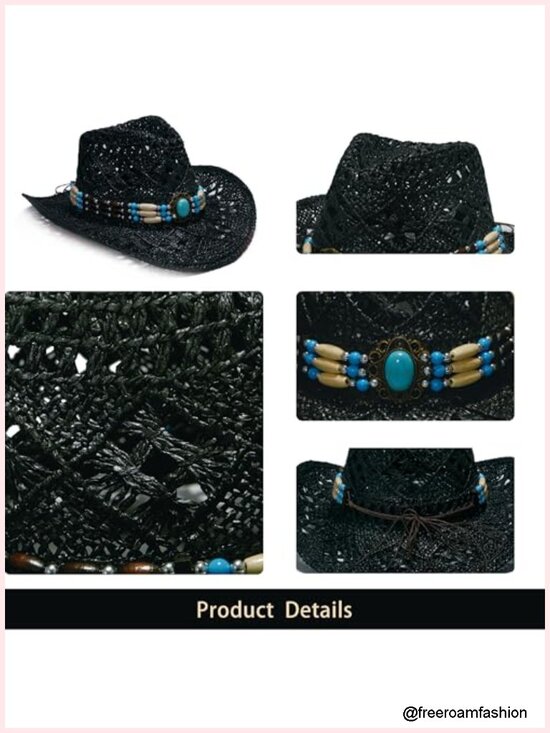Unisex Wide Brim Raffia Cowboy Hat with Decorative Band main image 6